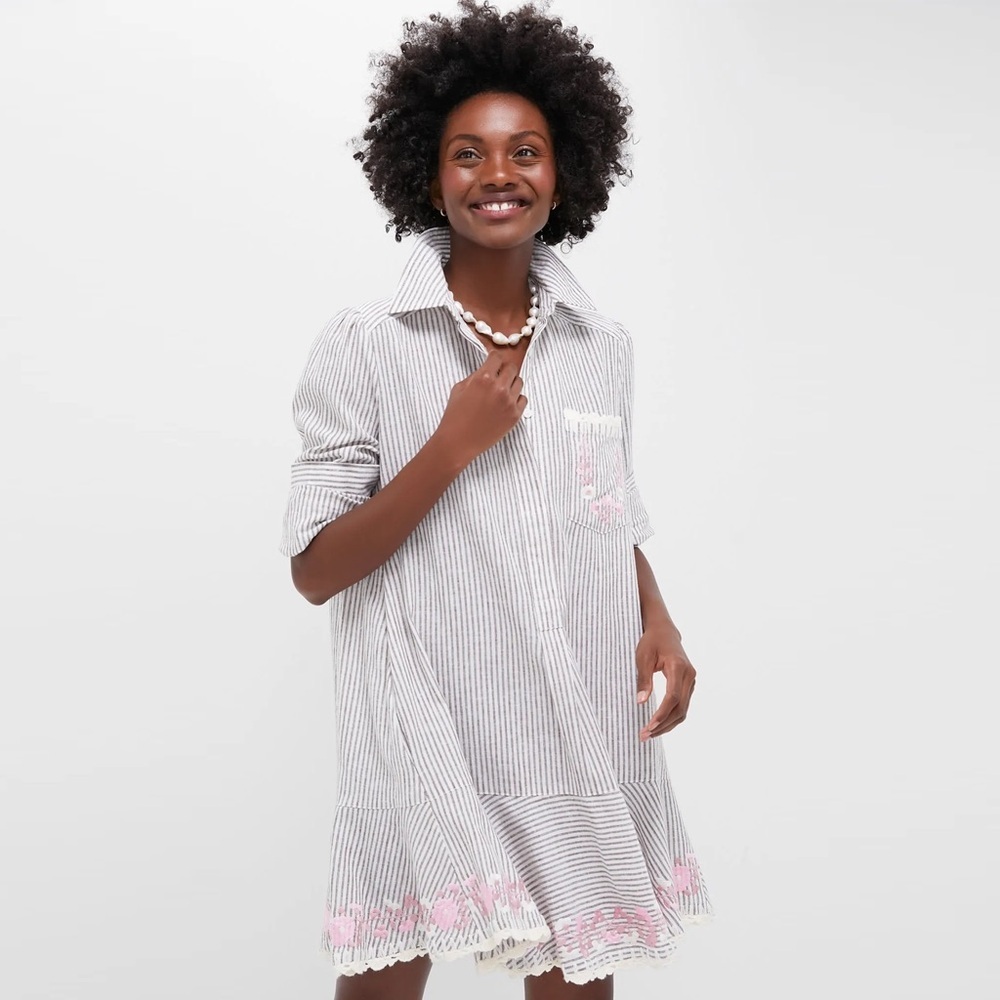 NWT - Tuckernuck - Tan Stripe Embroidered Floral Callahan Shirt Dress